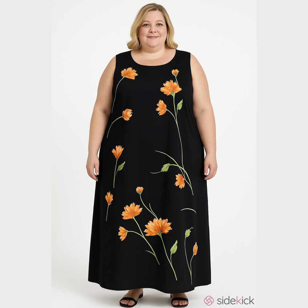 Floral dress tank dress midi dress black orange colors Size 22W DRESSBARN